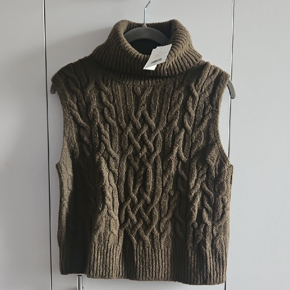 NWT Vince Olive Green Cable Knit Turtleneck Sweater Vest Size S
